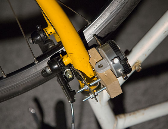 DIY wheel truing dial indicator mounted on bike
